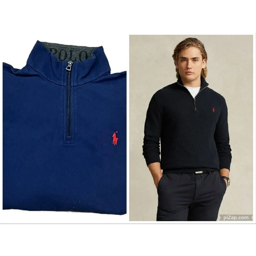 POLO RALPH LAUREN MENS SWEATER 1/4 ZIP MESH PIQUE COTTON NAVY LONG SLEEVE L $138
